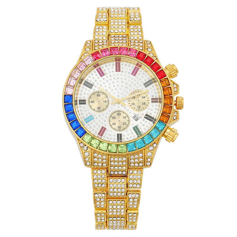 Three-eye fashion colorful diamond calendar diamond-encrusted full diamond ladies' watch