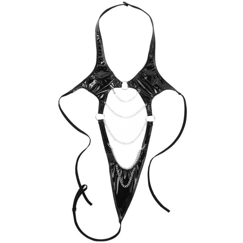 Sexy and charming patent leather set with one-piece straps and lines, beautiful and charming underwear - 图片 5