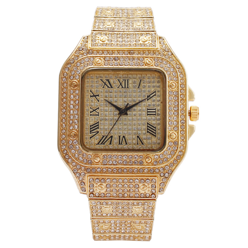 Fashionable square diamond-encrusted full diamond Roman pattern scale ladies' watch quartz watch