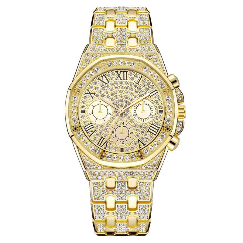 "Starry Sky Steel Band Diamond-encrusted men's watch, three-eyed Roman numeral quartz wristwatch with full diamond face.